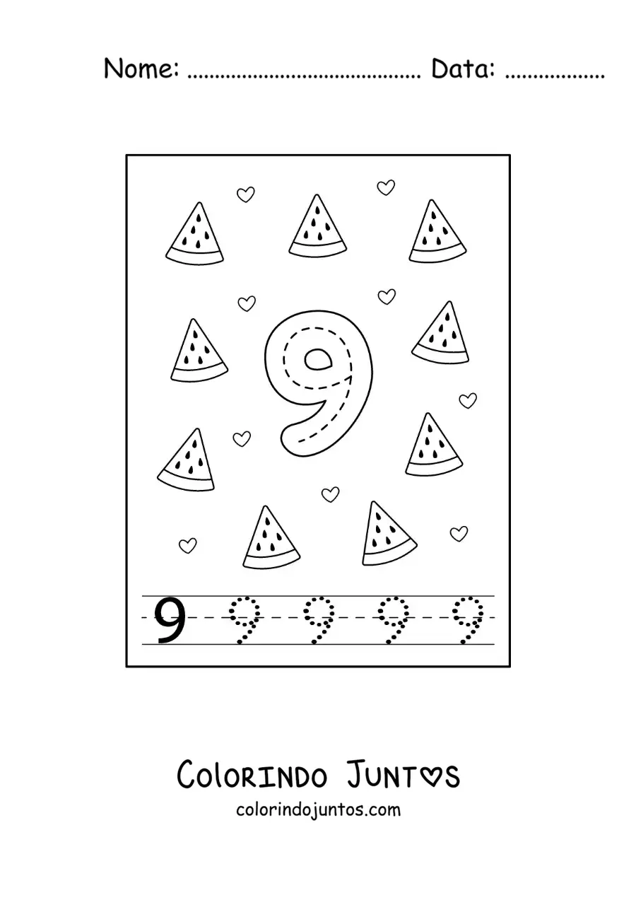 Desenho para colorir de cartão para aprender a traçar o número 9 e contar com frutas