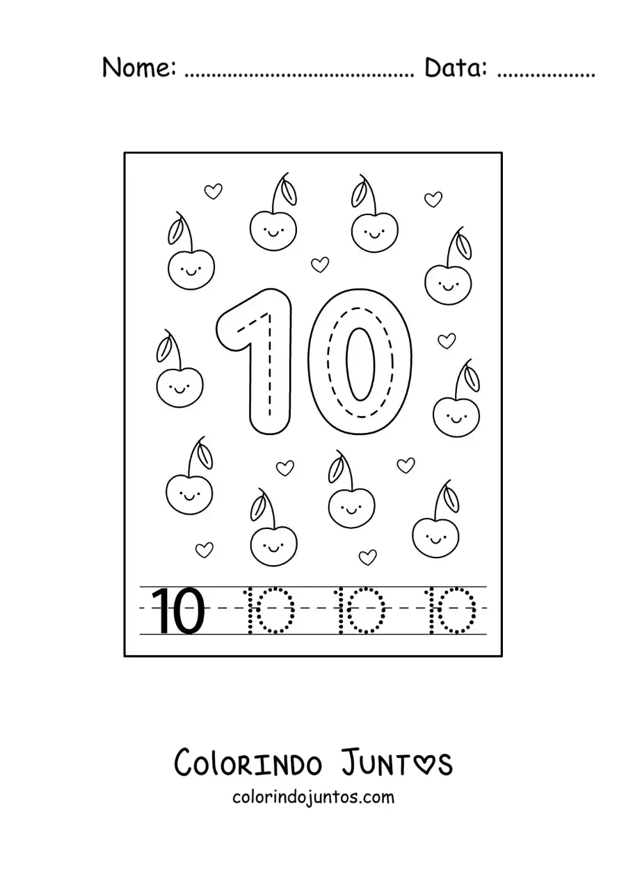 Desenho para colorir de cartão para aprender a traçar o número 10 e contar com frutas
