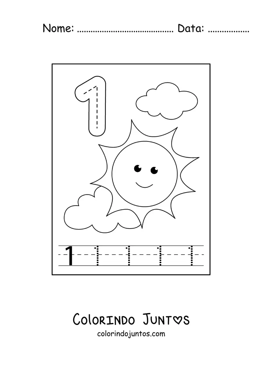 Desenho para colorir de atividade para traçar o número 1 e contar com desenhos animados