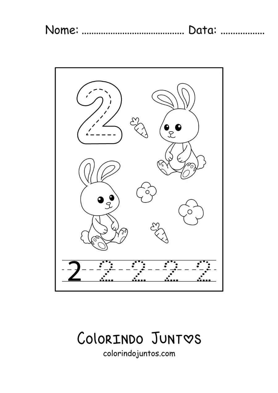 Desenho para colorir de atividade para traçar o número 2 e contar com desenhos animados