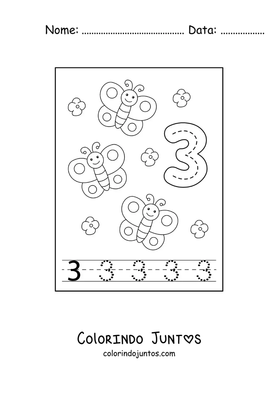 Desenho para colorir de atividade para traçar o número 3 e contar com desenhos animados