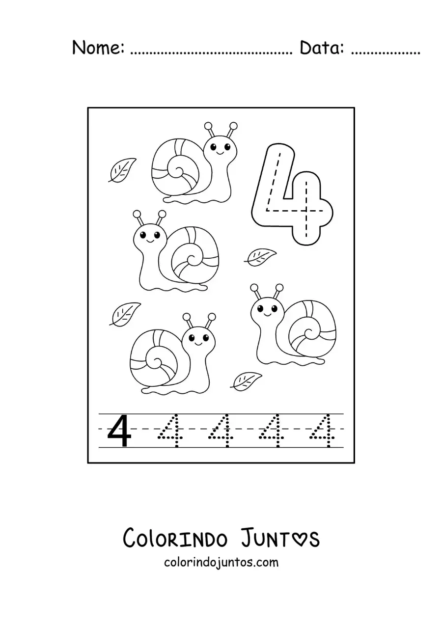 Desenho para colorir de atividade para traçar o número 4 e contar com desenhos animados