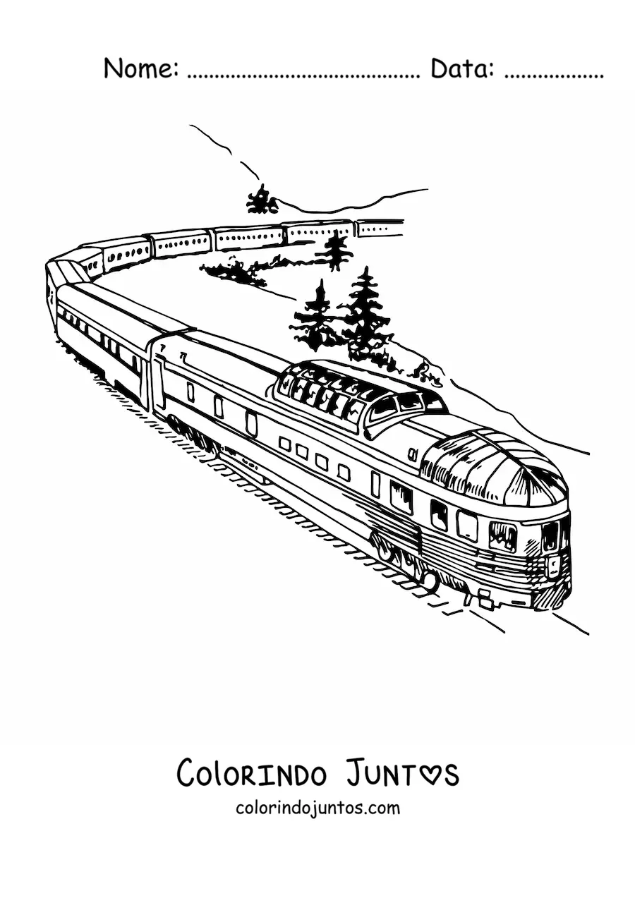 Desenho para colorir de um trem moderno sobre trilhos no campo