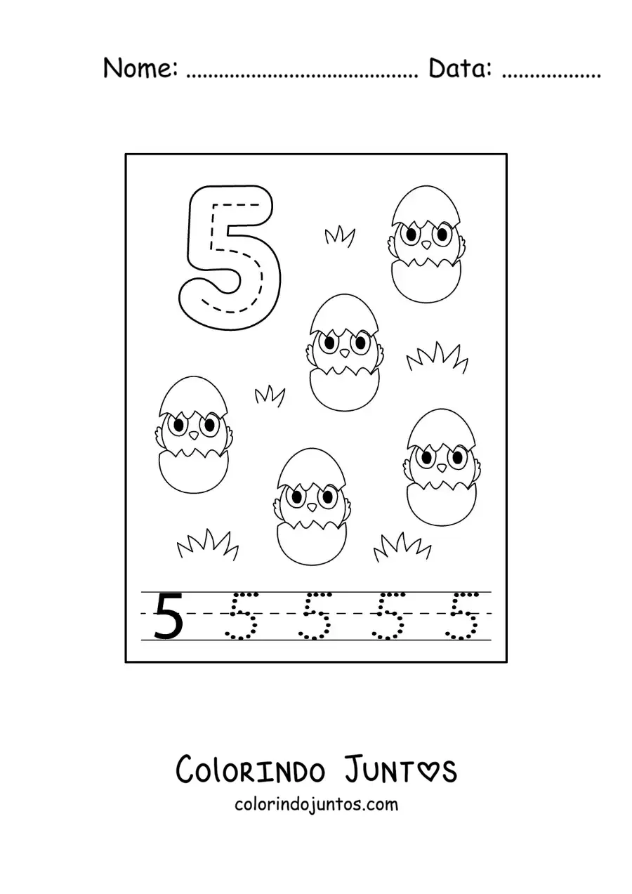 Desenho para colorir de atividade para traçar o número 5 e contar com desenhos animados