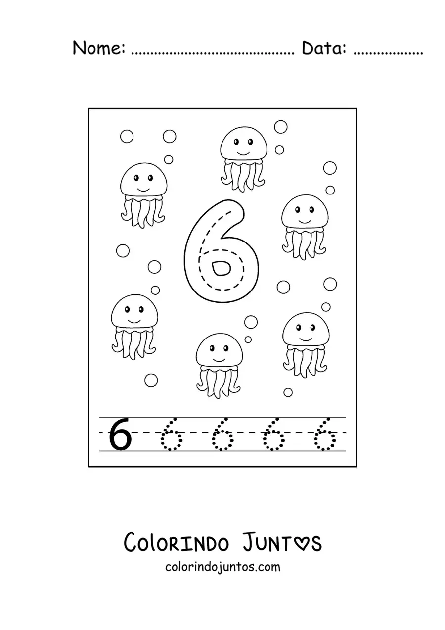 Desenho para colorir de atividade para traçar o número 6 e contar com desenhos animados