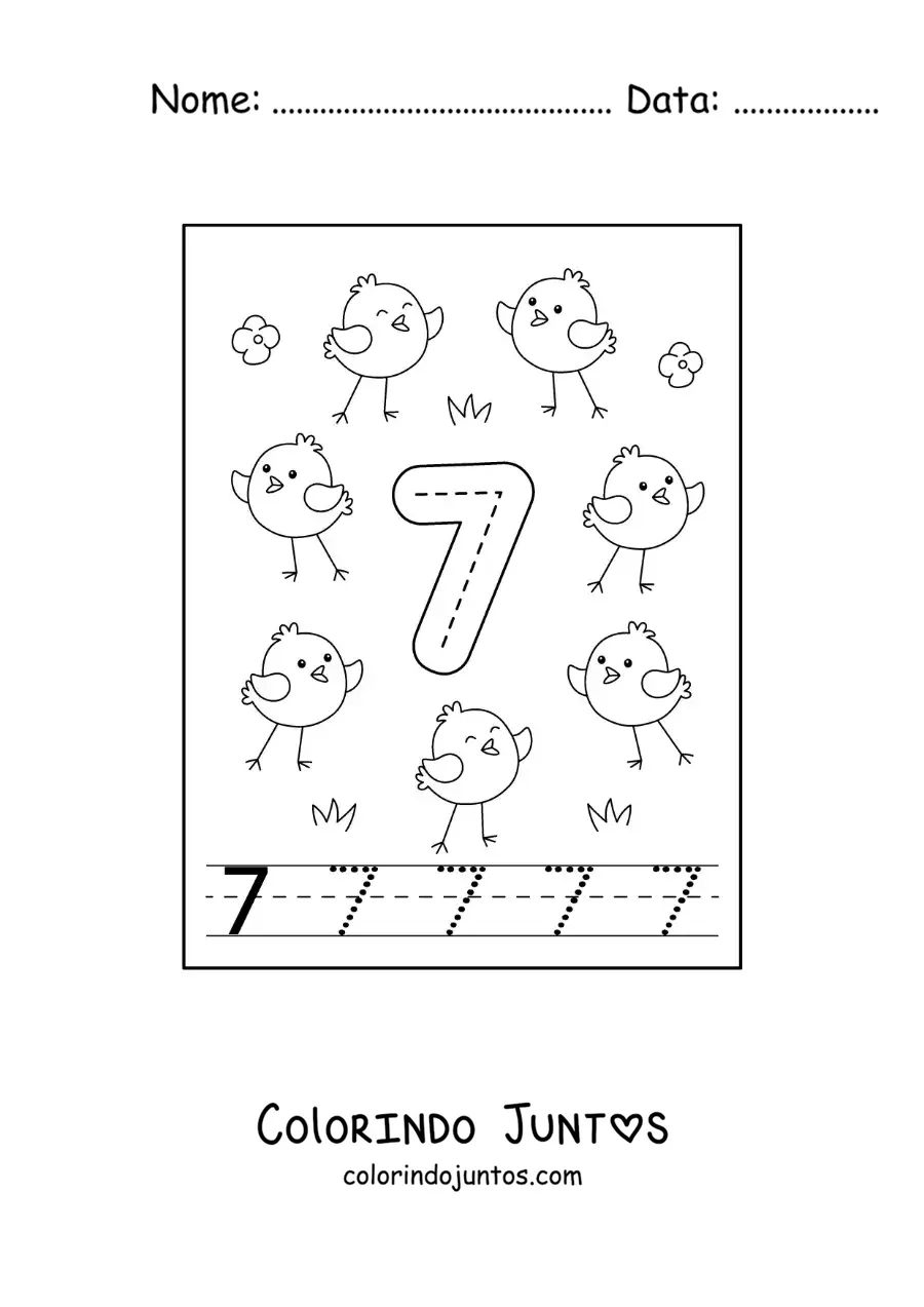 Desenho para colorir de atividade para traçar o número 7 e contar com desenhos animados