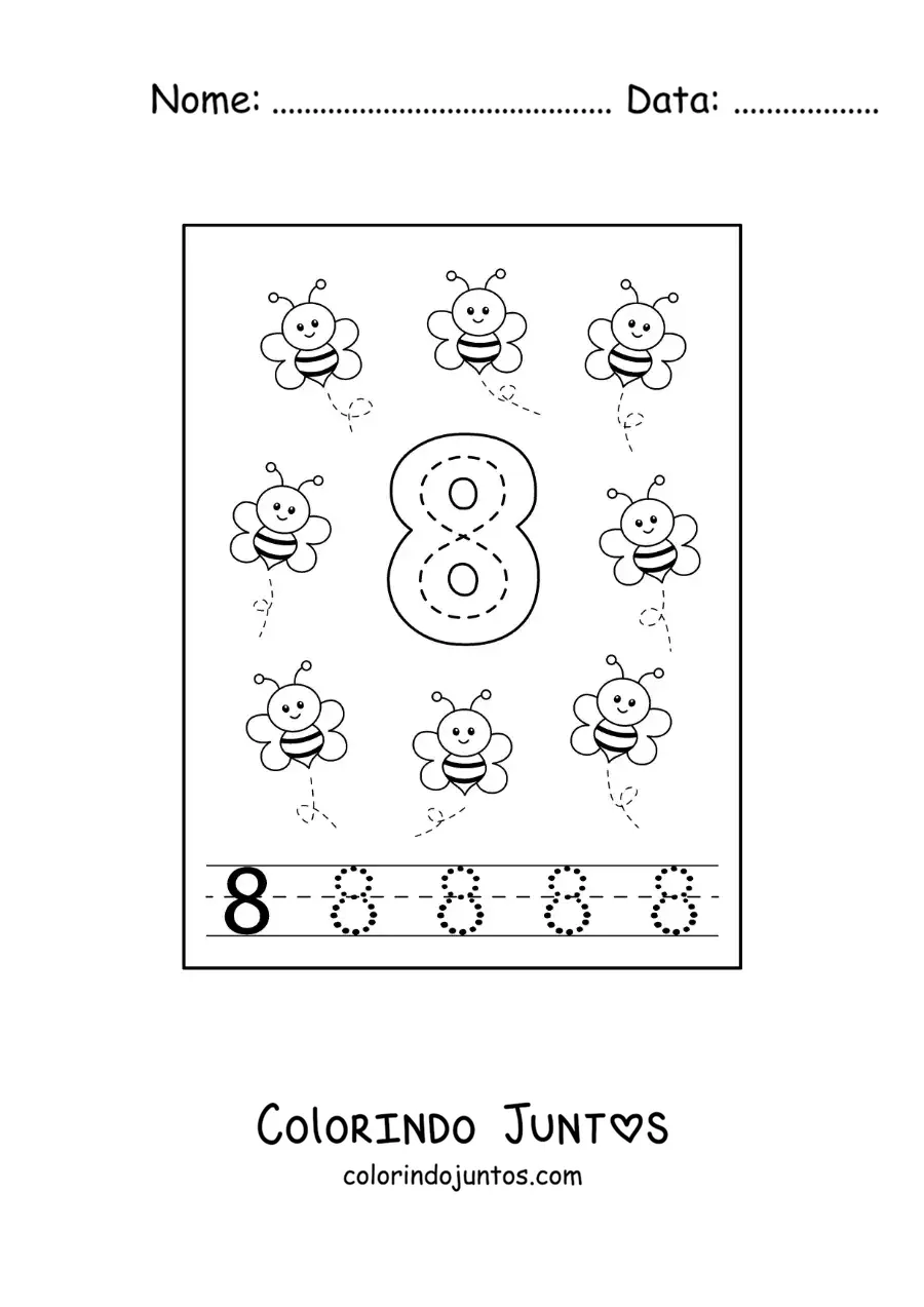 Desenho para colorir de atividade para traçar o número 8 e contar com desenhos animados
