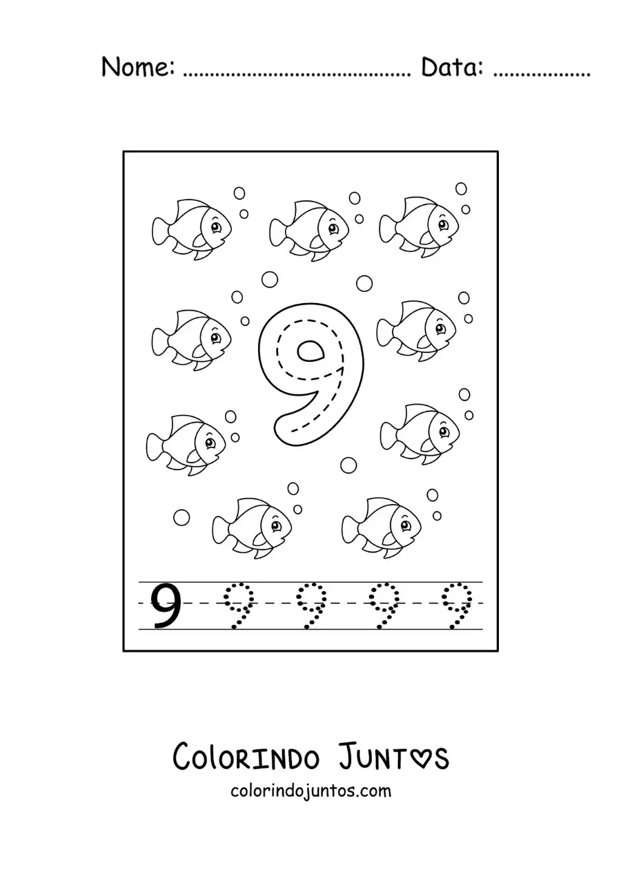 Desenho para colorir de atividade para traçar o número 9 e contar com desenhos animados