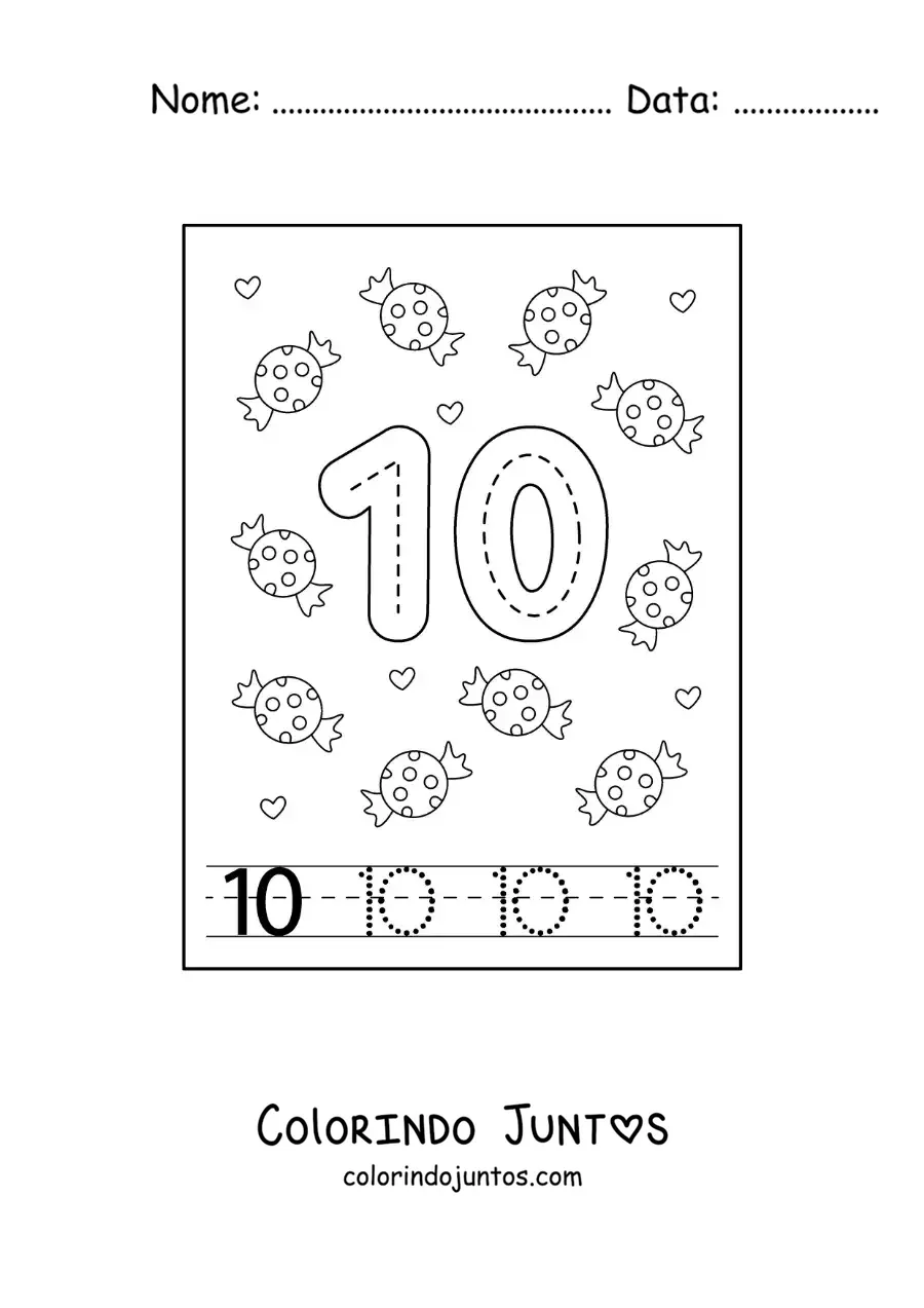 Desenho para colorir de atividade para traçar o número 10 e contar com desenhos animados
