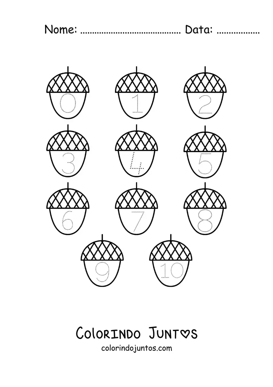 Desenho para colorir de atividade para traçar os números de 1 a 10 com bolotas