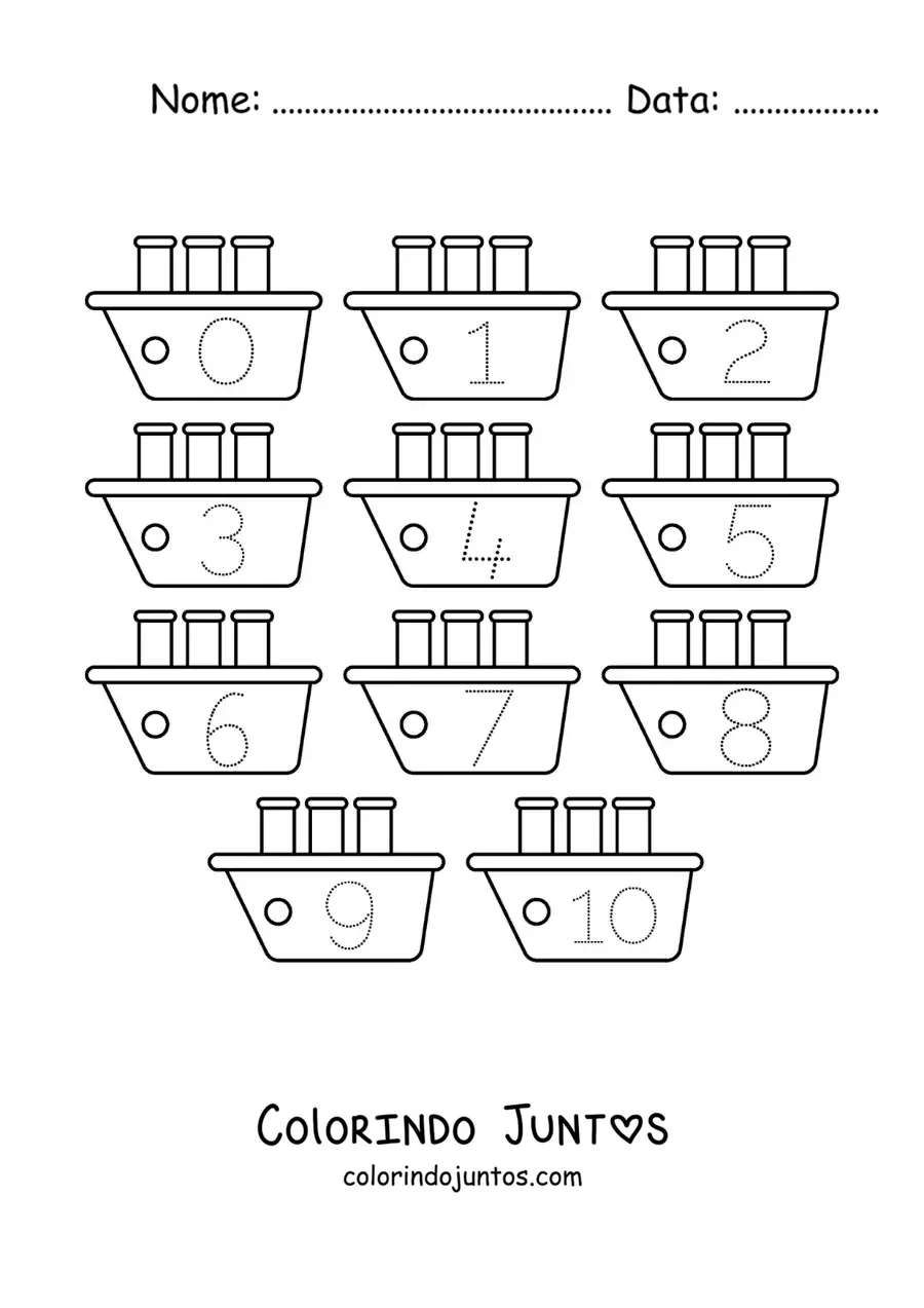 Desenho para colorir de atividade para traçar os números de 1 a 10 com barcos