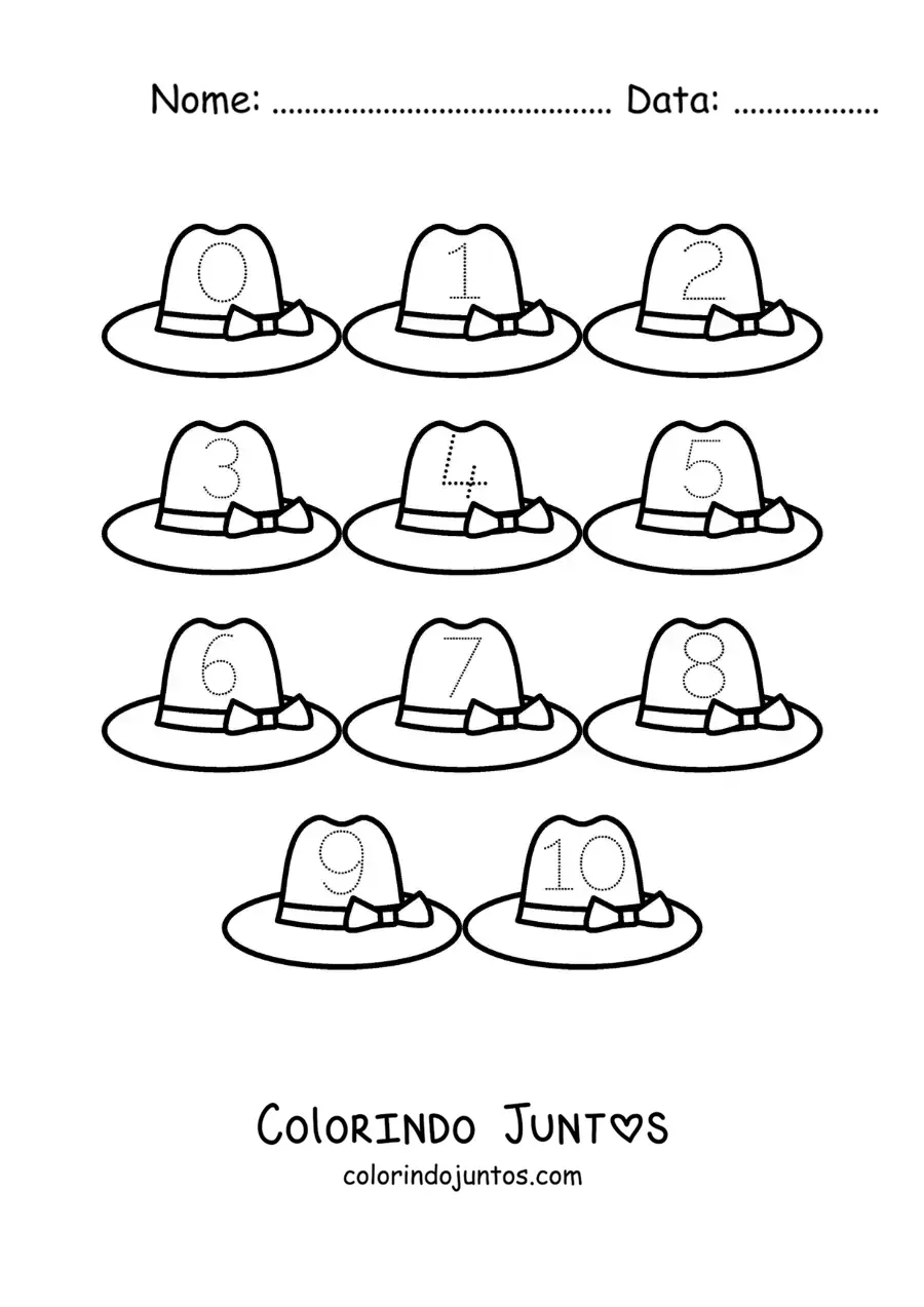 Desenho para colorir de atividade para traçar os números de 1 a 10 com chapéus