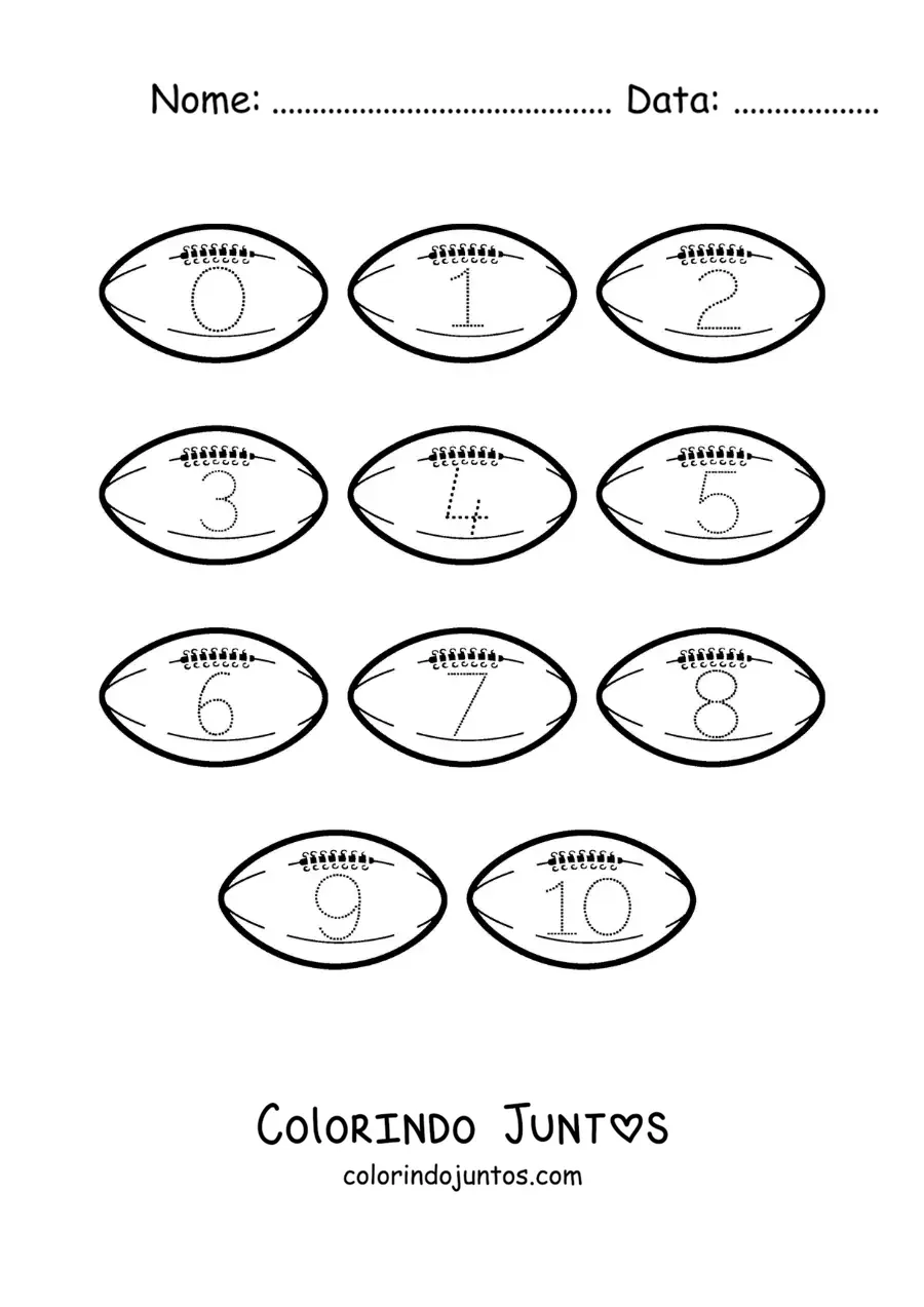 Desenho para colorir de atividade para traçar os números de 1 a 10 com bolas