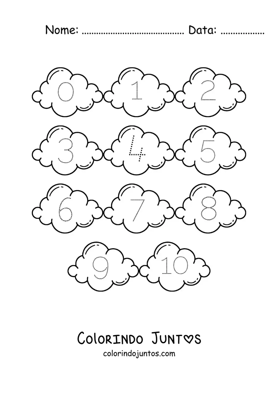 Desenho para colorir de atividade para traçar os números de 1 a 10 com nuvens