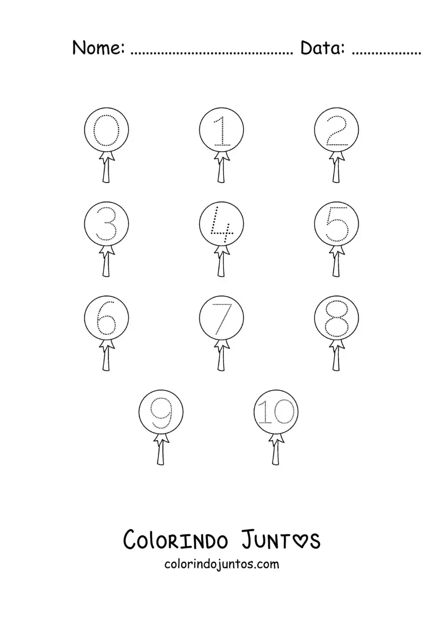 Desenho para colorir de atividade para traçar os números de 1 a 10 com doces