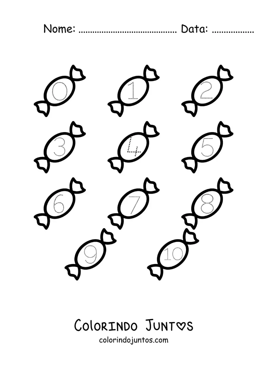 Desenho para colorir de atividade para traçar os números de 1 a 10 com balas