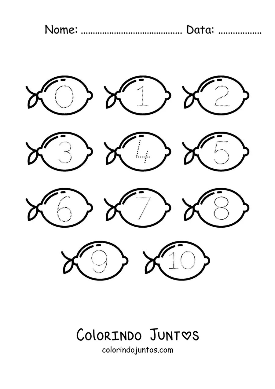 Desenho para colorir de atividade para traçar os números de 1 a 10 com limões