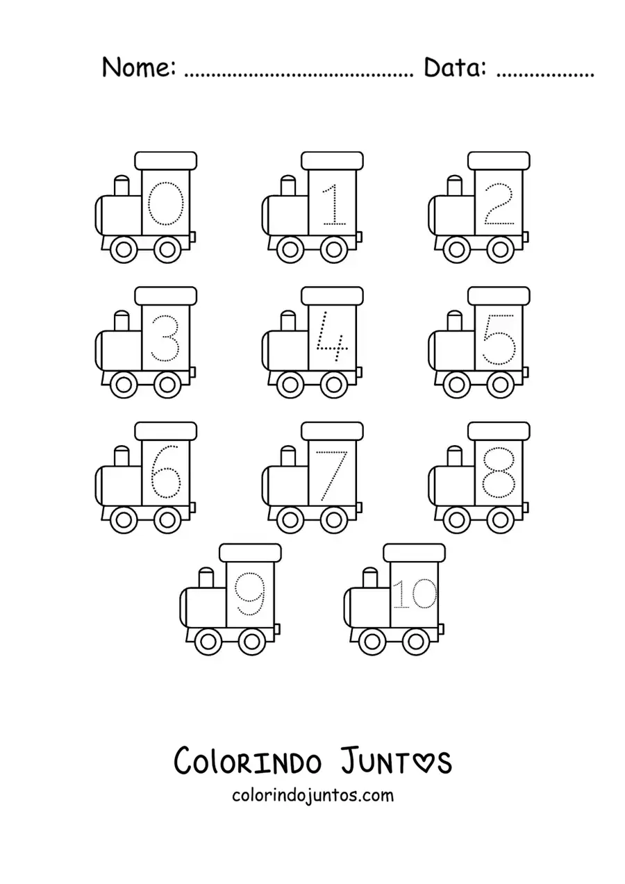 Desenho para colorir de atividade para traçar os números de 1 a 10 com trens