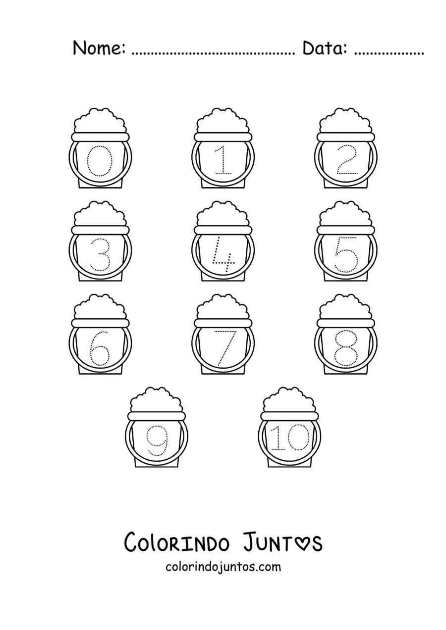 Desenho para colorir de atividade para traçar os números de 1 a 10 com baldes de areia
