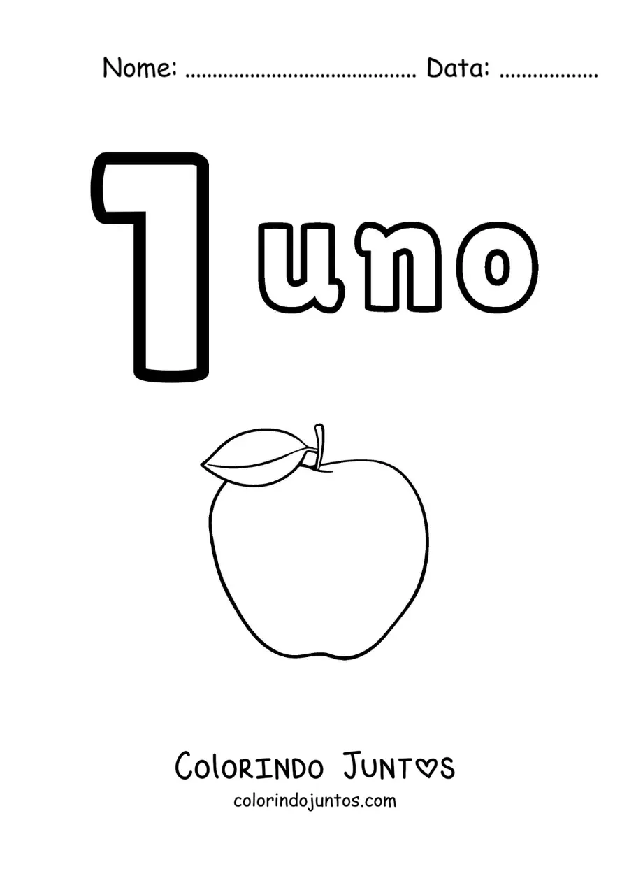 Desenho para colorir de ficha do número 1 para aprender a contar com desenhos divertidos