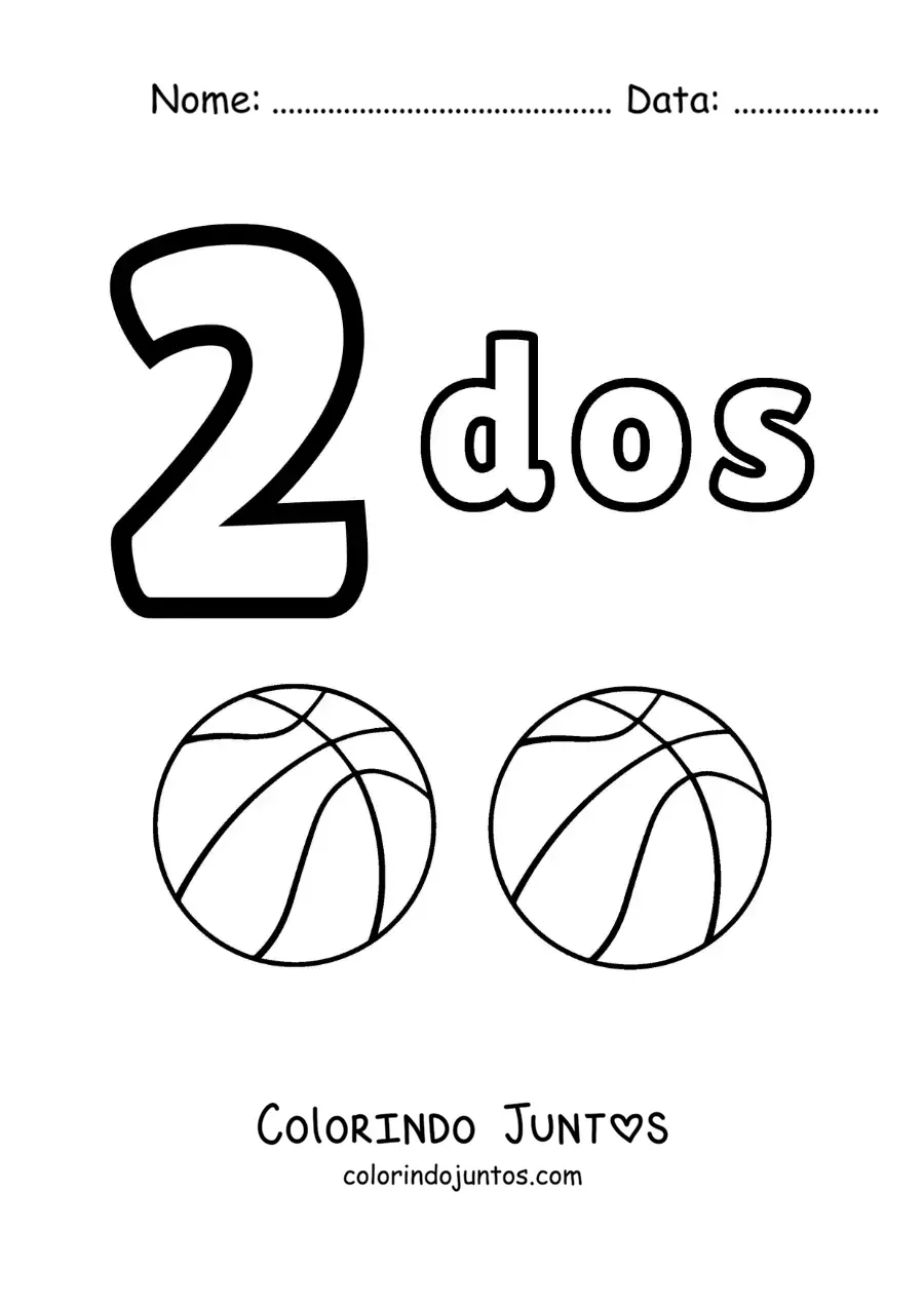 Desenho para colorir de ficha do número 2 para aprender a contar com desenhos divertidos
