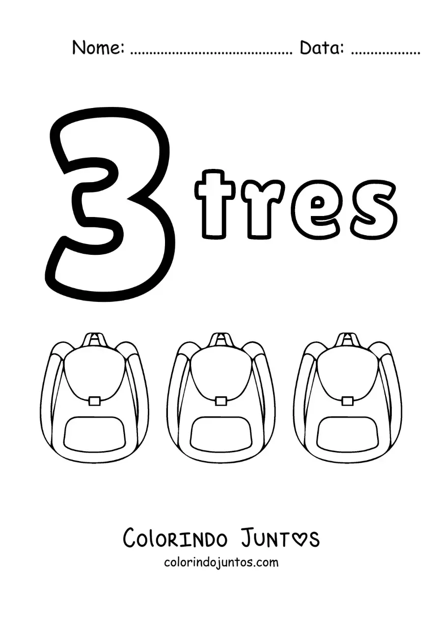 Desenho para colorir de ficha do número 3 para aprender a contar com desenhos divertidos