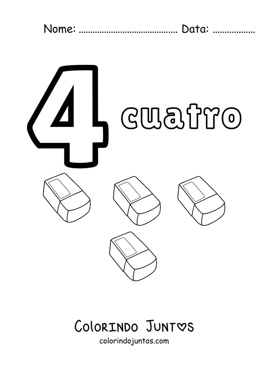 Desenho para colorir de ficha do número 4 para aprender a contar com desenhos divertidos
