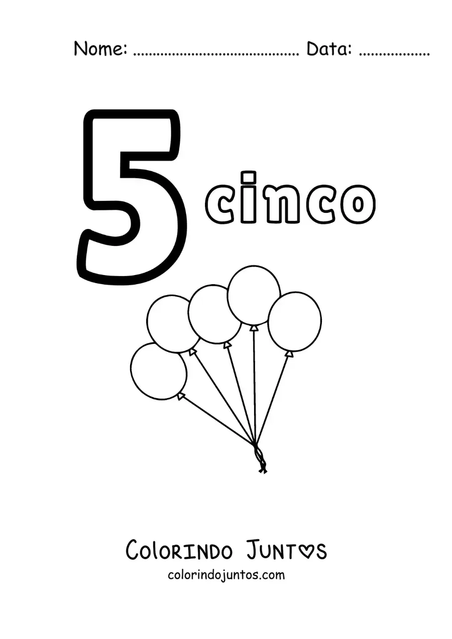 Desenho para colorir de ficha do número 5 para aprender a contar com desenhos divertidos