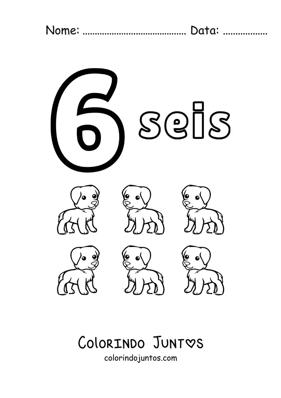 Desenho para colorir de ficha do número 6 para aprender a contar com desenhos divertidos