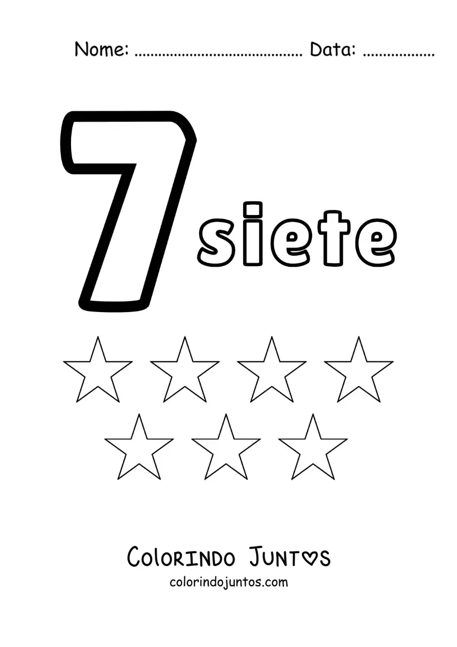 Desenho para colorir de ficha do número 7 para aprender a contar com desenhos divertidos