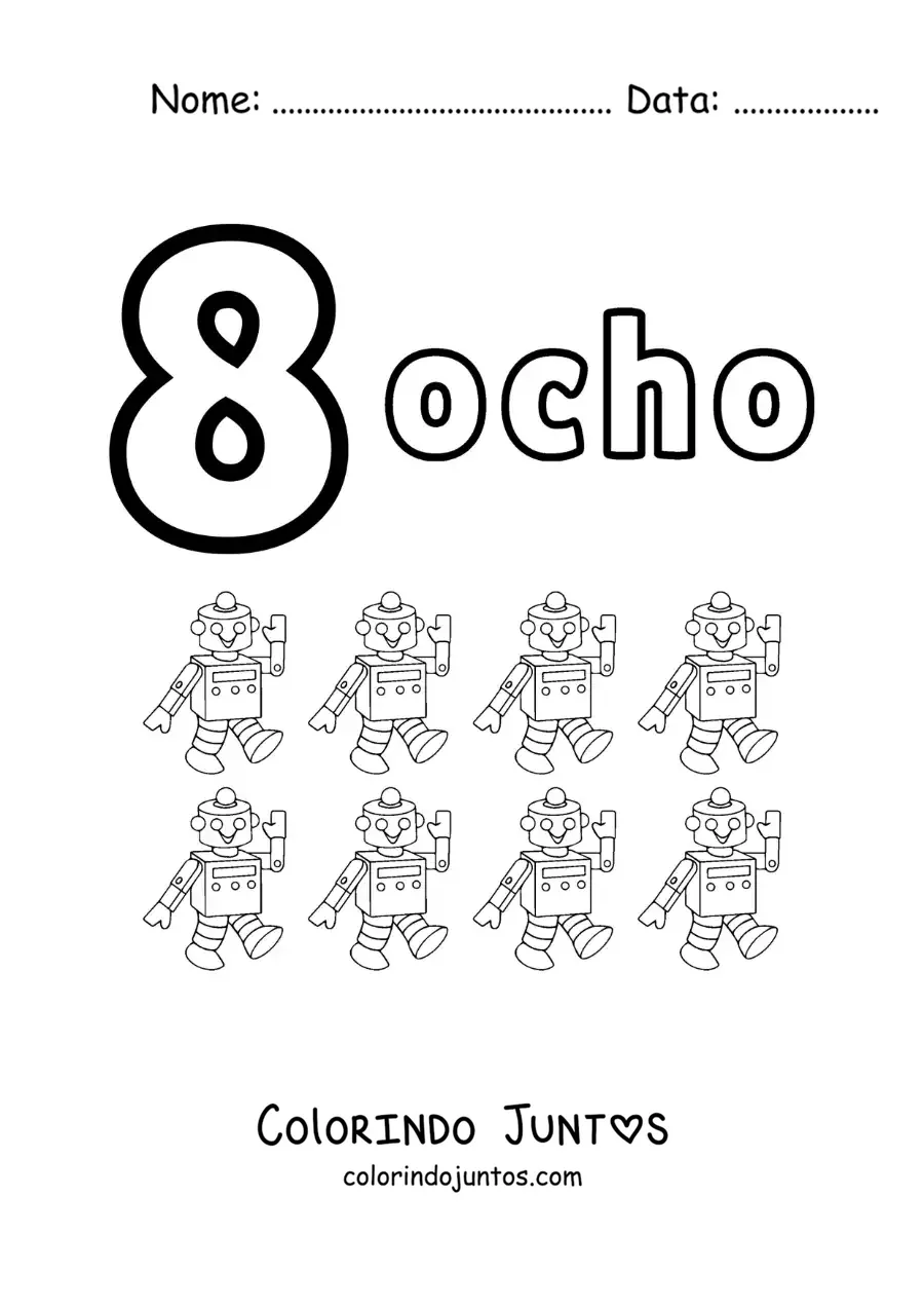 Desenho para colorir de ficha do número 8 para aprender a contar com desenhos divertidos