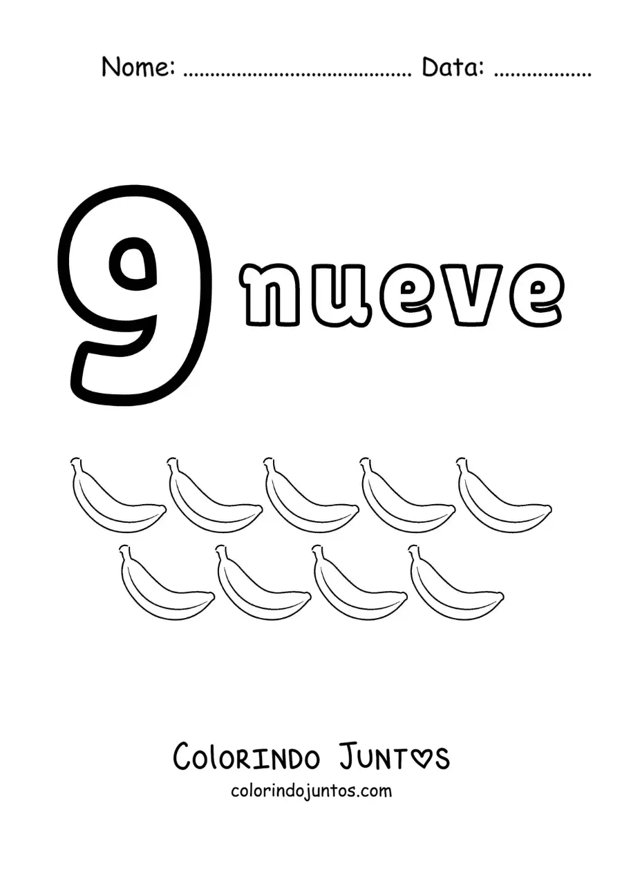 Desenho para colorir de ficha do número 9 para aprender a contar com desenhos divertidos