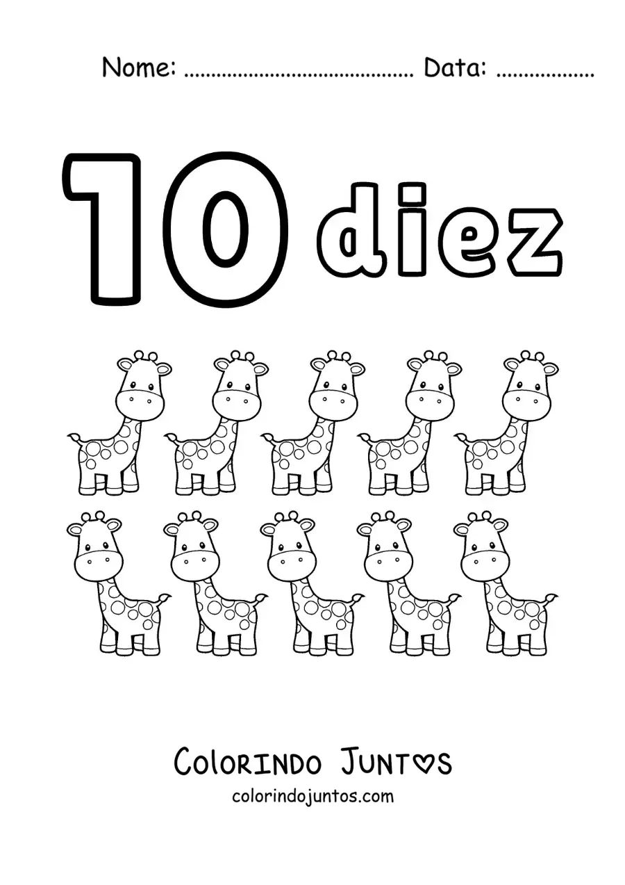 Desenho para colorir de ficha do número 10 para aprender a contar com desenhos divertidos