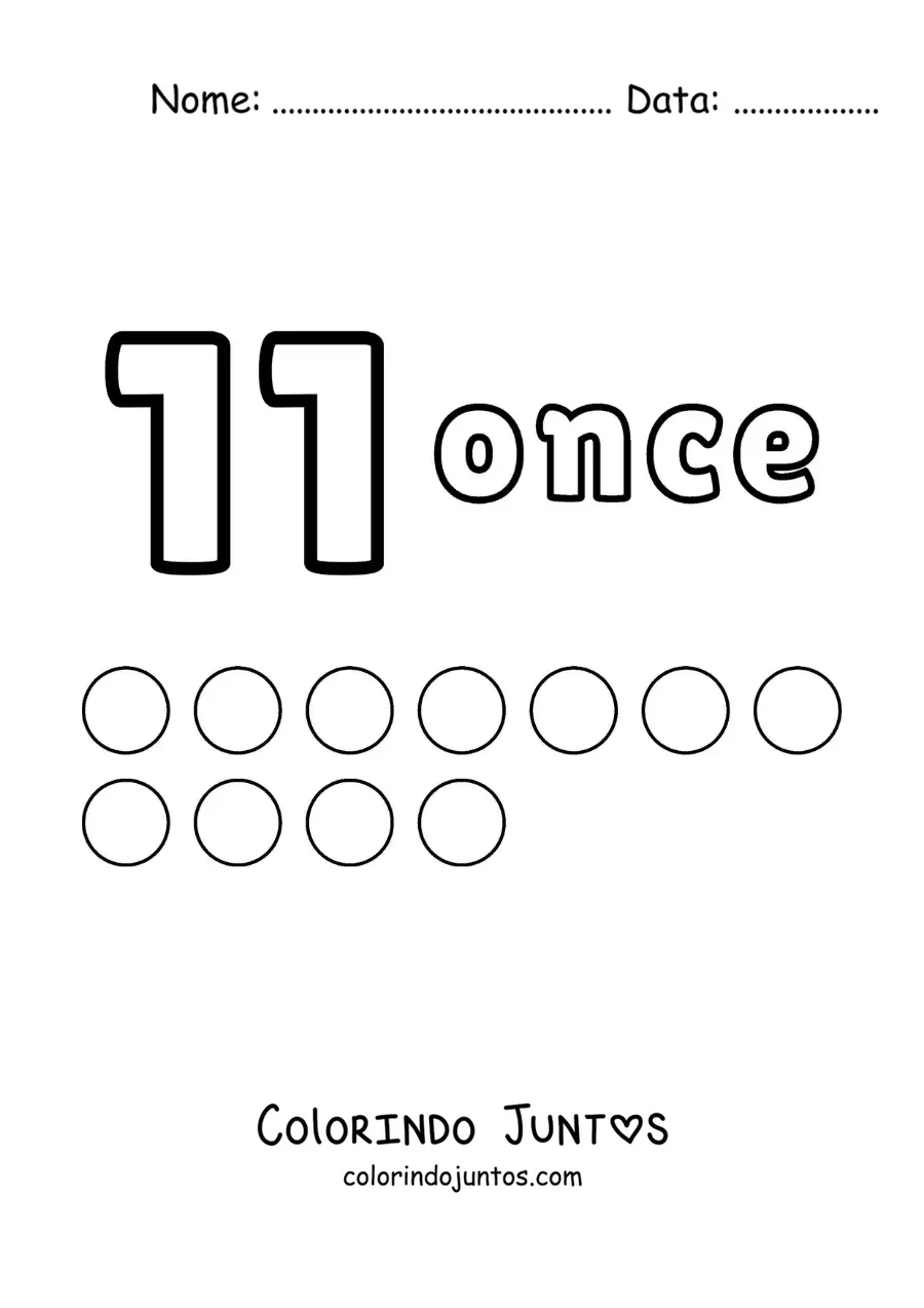 Desenho para colorir de ficha do número 11 para aprender a contar com desenhos divertidos