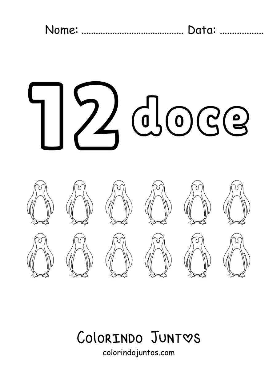 Desenho para colorir de ficha do número 12 para aprender a contar com desenhos divertidos