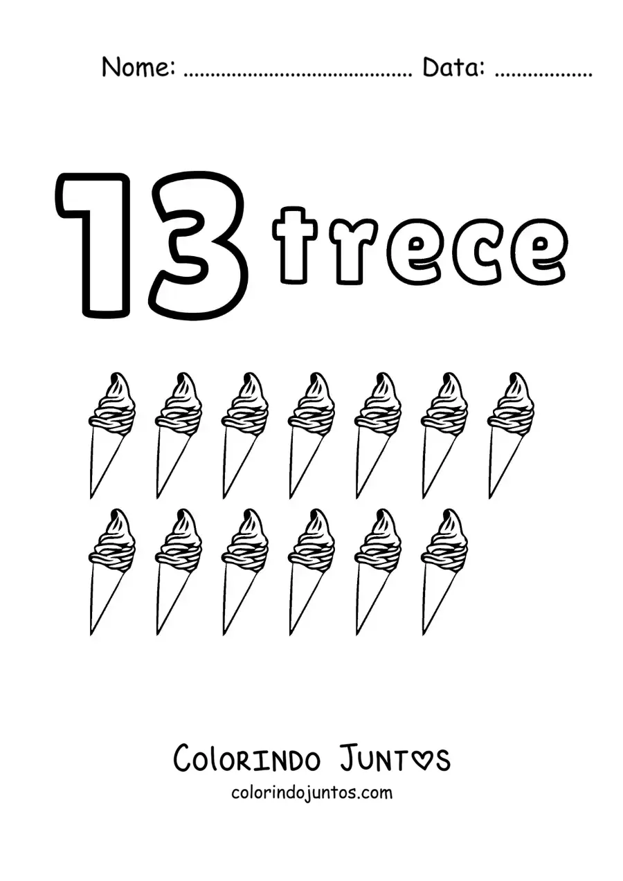 Desenho para colorir de ficha do número 13 para aprender a contar com desenhos divertidos