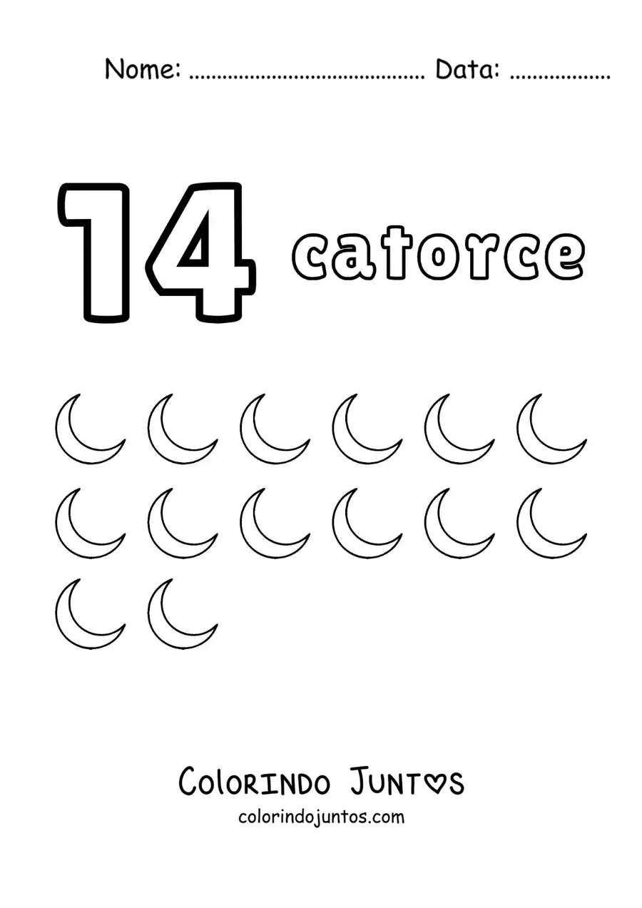 Desenho para colorir de ficha do número 14 para aprender a contar com desenhos divertidos