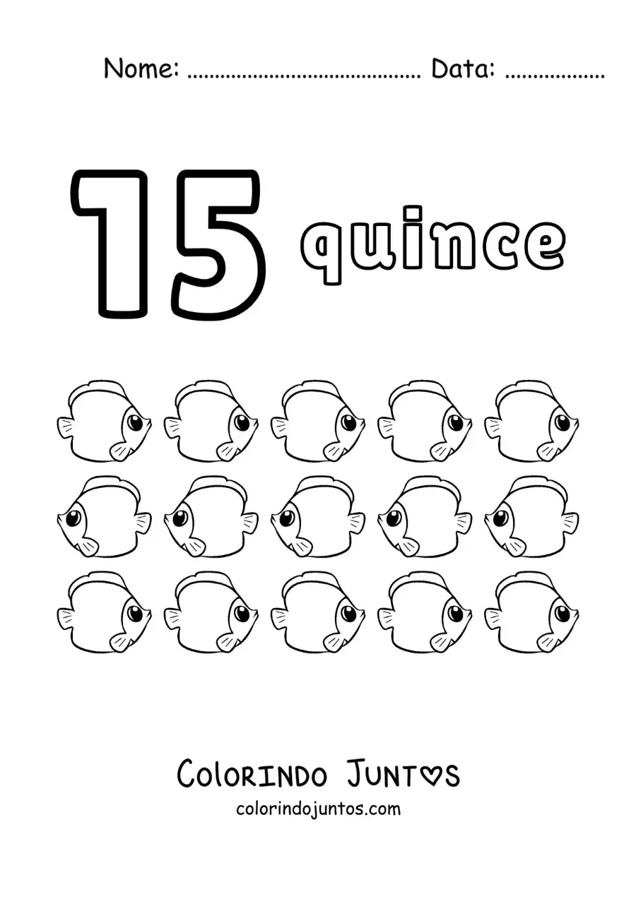 Desenho para colorir de ficha do número 15 para aprender a contar com desenhos divertidos