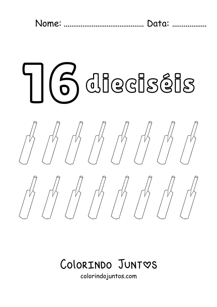 Desenho para colorir de ficha do número 16 para aprender a contar com desenhos divertidos