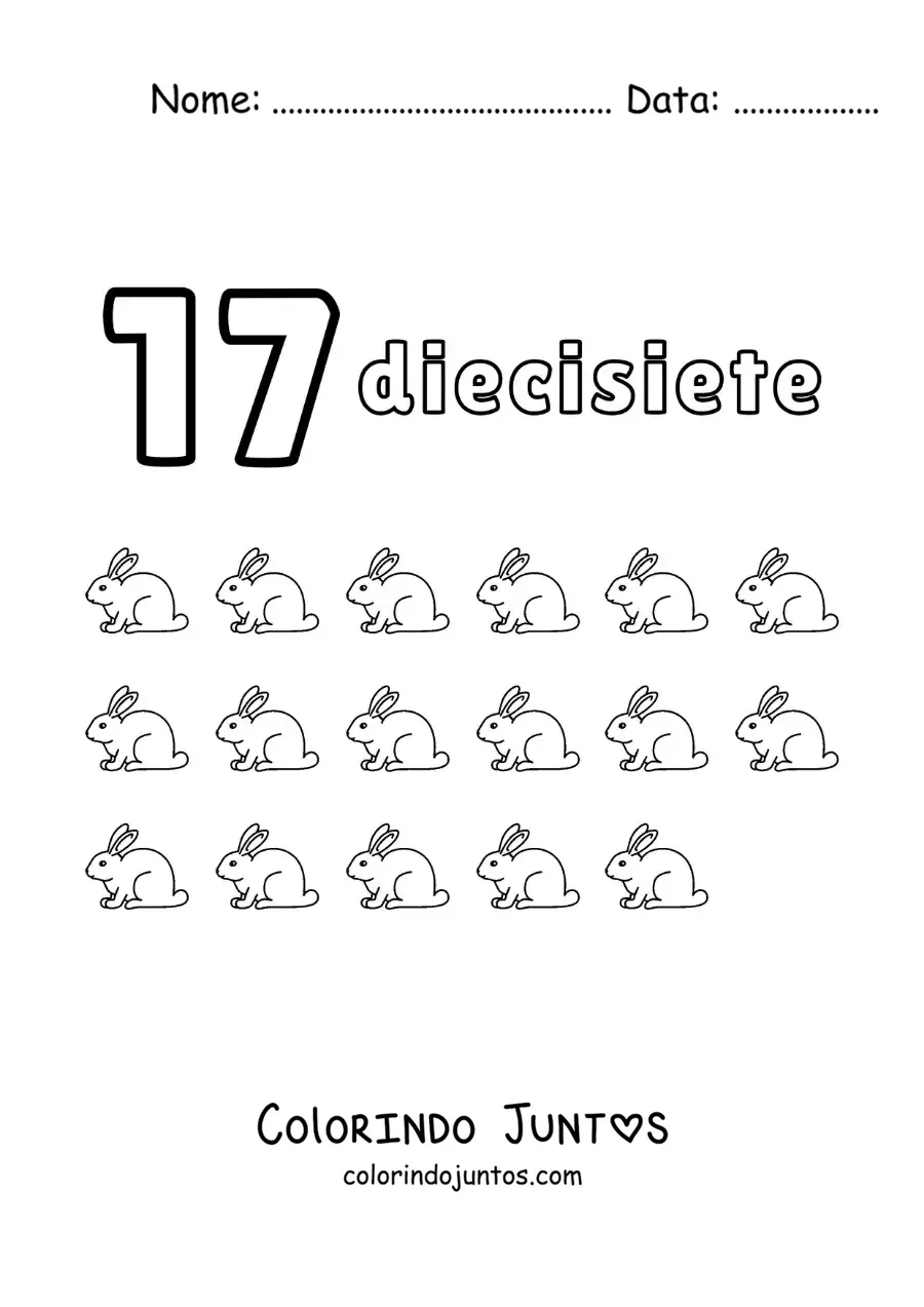 Desenho para colorir de ficha do número 17 para aprender a contar com desenhos divertidos