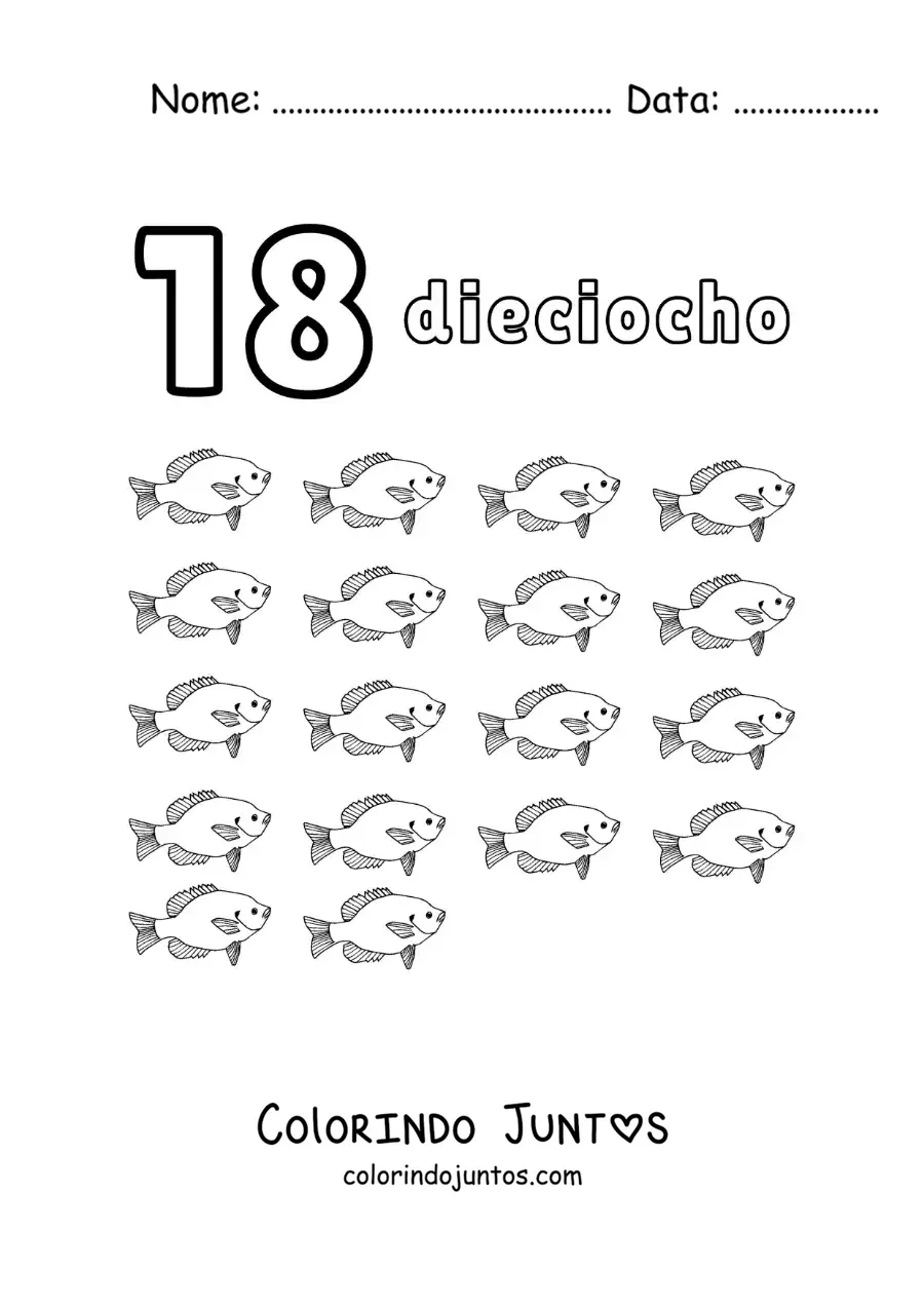 Desenho para colorir de ficha do número 18 para aprender a contar com desenhos divertidos