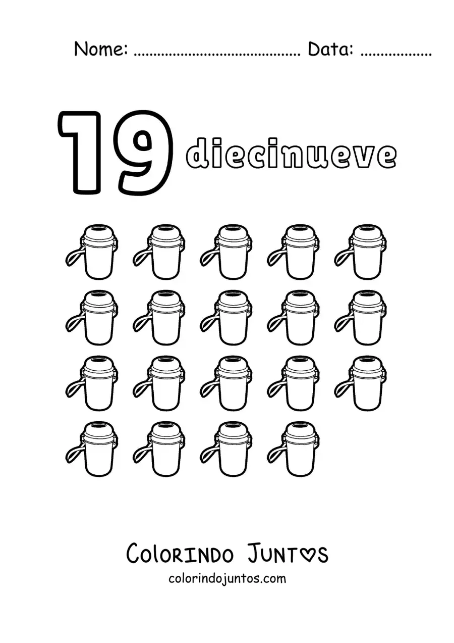 Desenho para colorir de ficha do número 19 para aprender a contar com desenhos divertidos