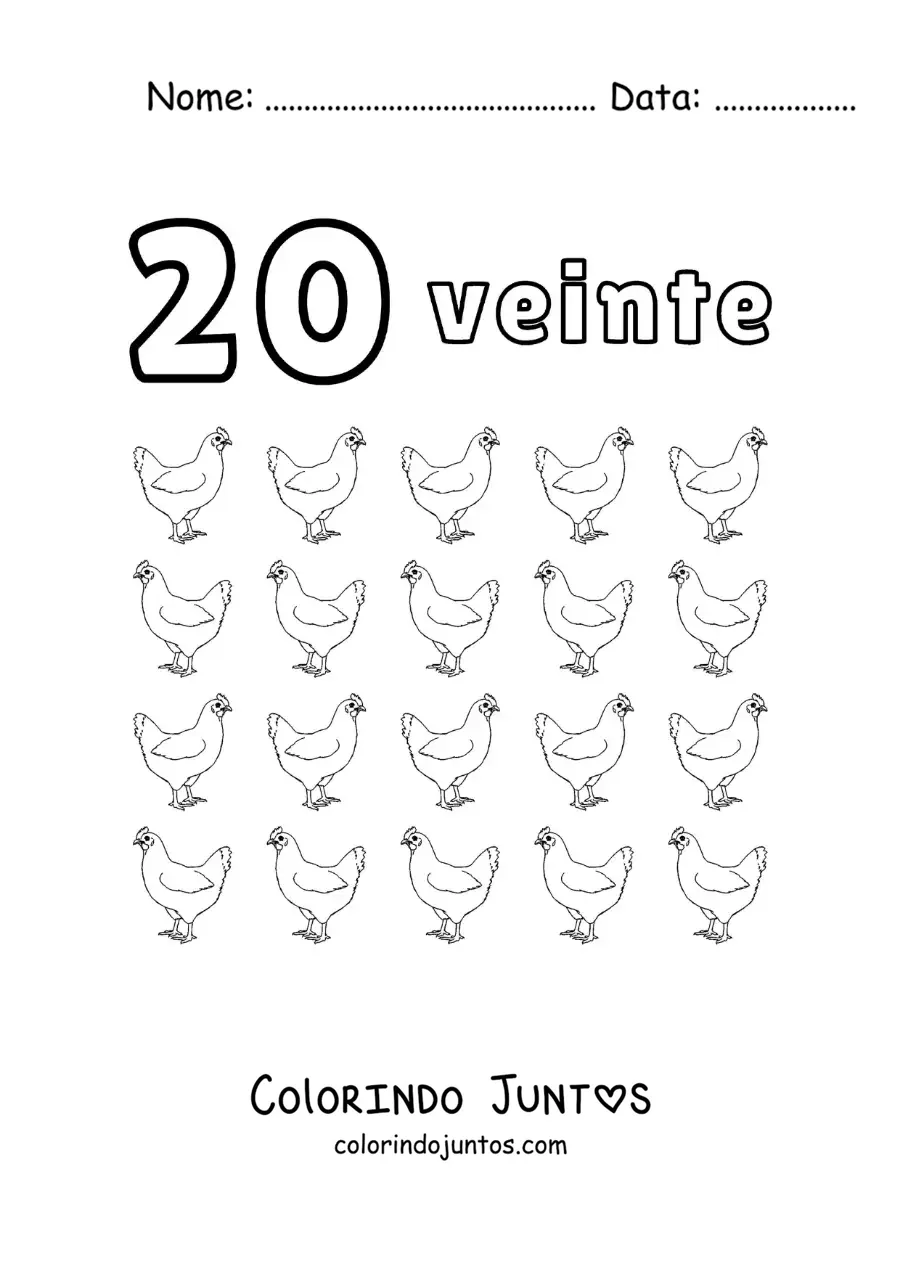 Desenho para colorir de ficha do número 20 para aprender a contar com desenhos divertidos