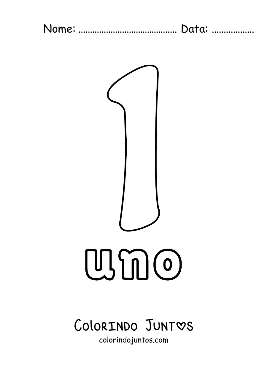 Desenho para colorir de ficha do número 1 para aprender os números naturais