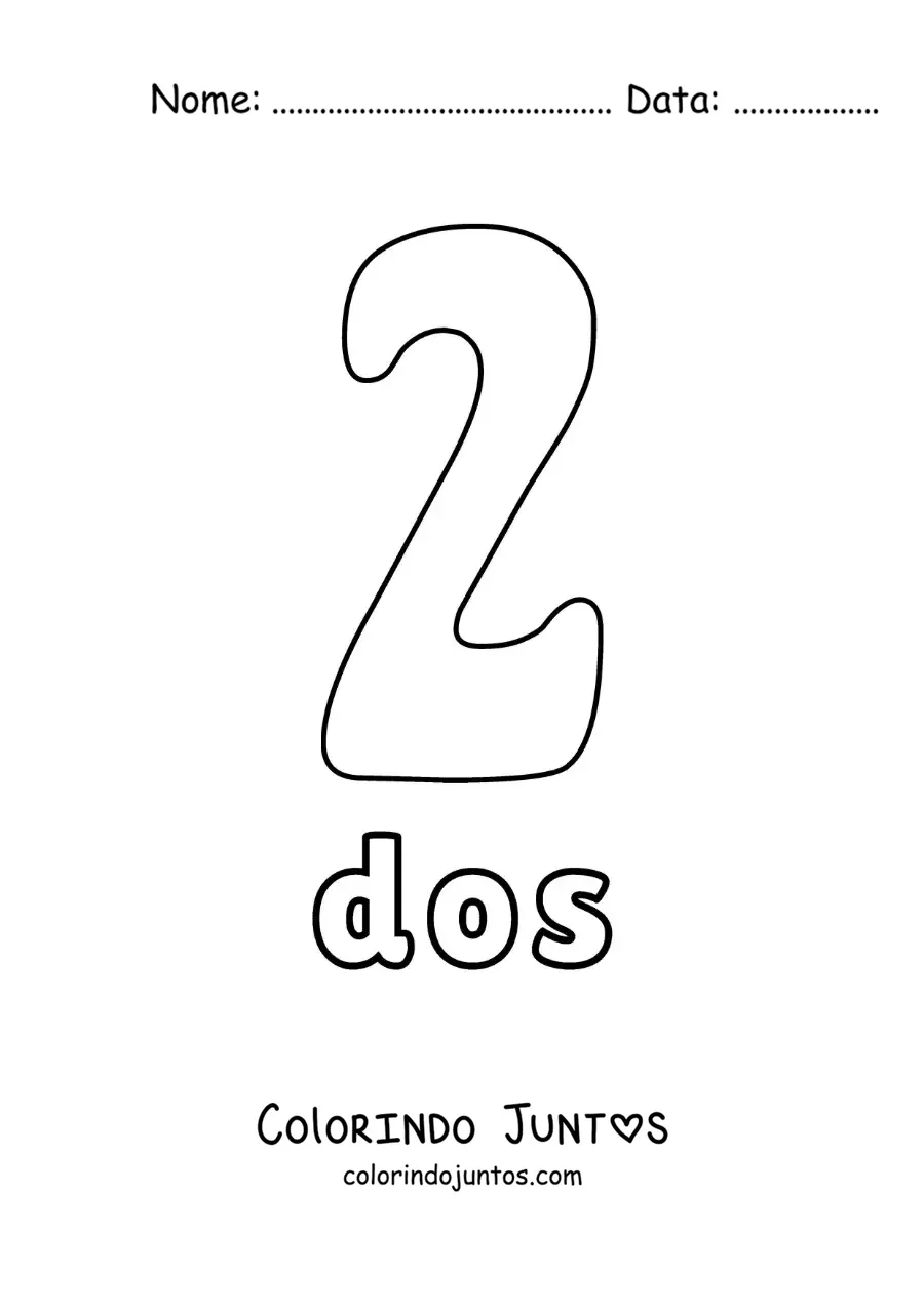 Desenho para colorir de ficha do número 2 para aprender os números naturais