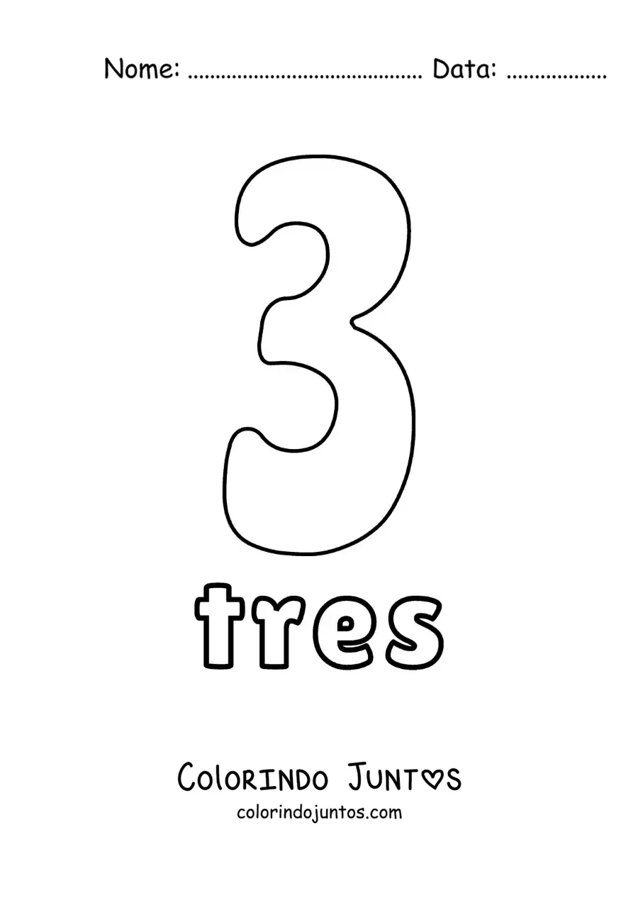 Desenho para colorir de ficha do número 3 para aprender os números naturais