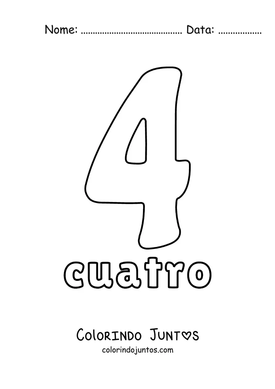 Desenho para colorir de ficha do número 4 para aprender os números naturais