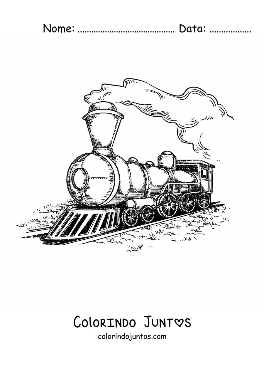 Desenho para colorir de uma locomotiva antiga em movimento