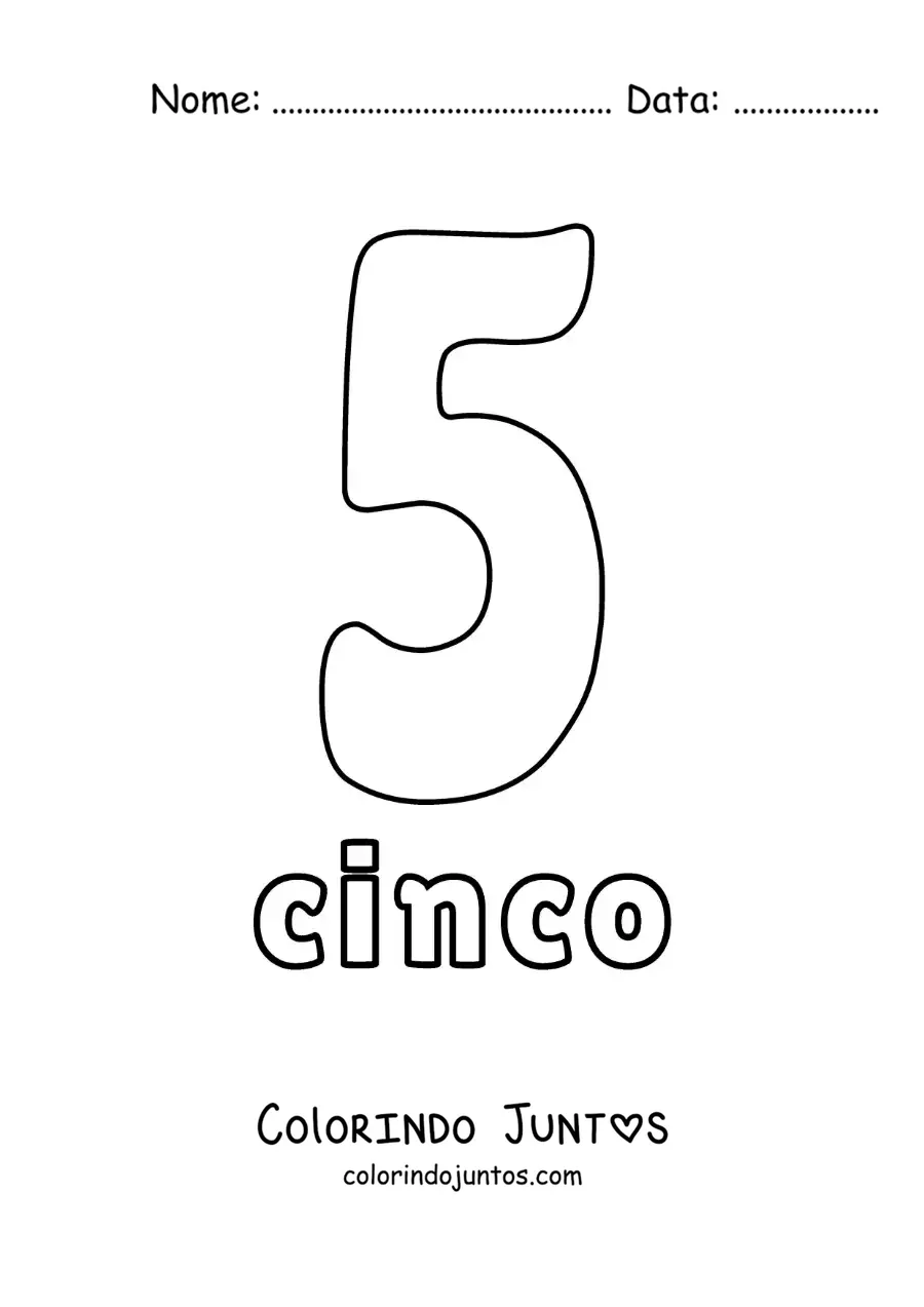 Desenho para colorir de ficha do número 5 para aprender os números naturais