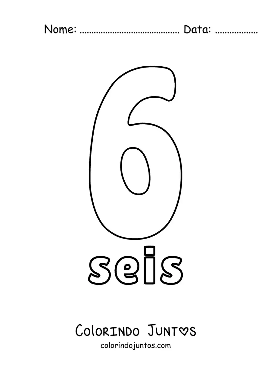 Desenho para colorir de ficha do número 6 para aprender os números naturais